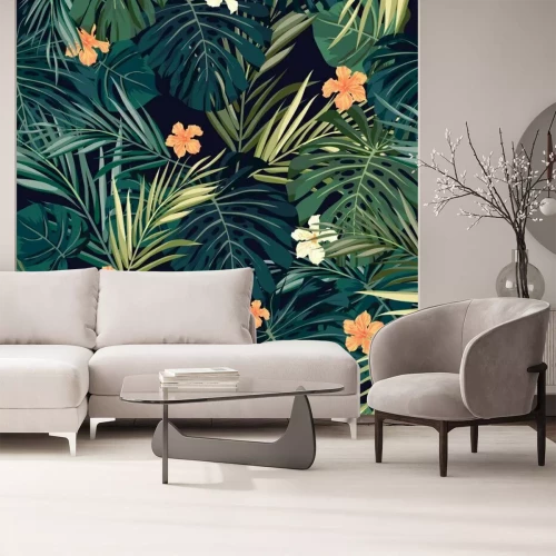 Fotobehang Oranje jungle bloemen