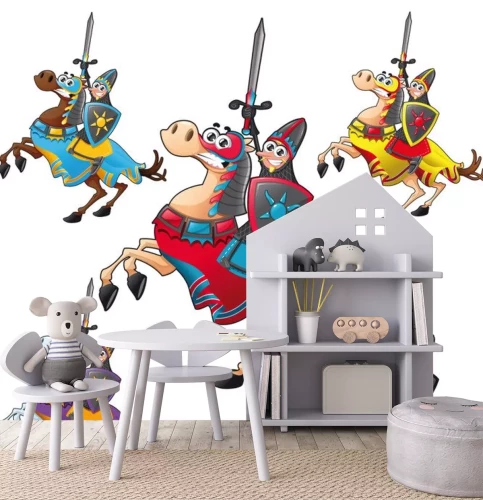 Sticker Kleurrijke ridders op paarden sprookjesachtige illustratie