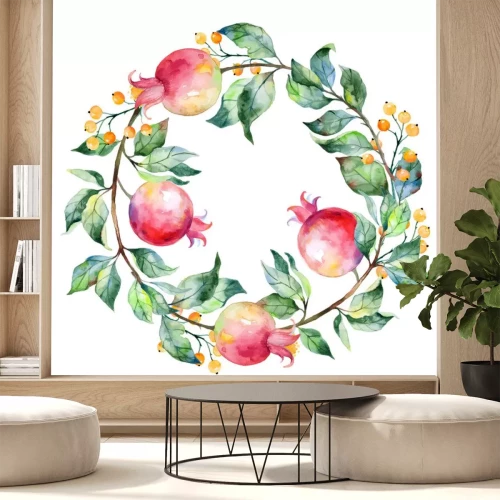 Sticker Vector ronde frame van aquarel granaatappel en bessen.