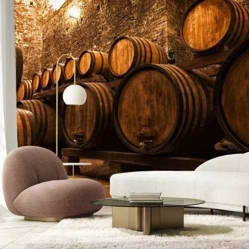 Fotobehang Houten wijnvaten in de kelder