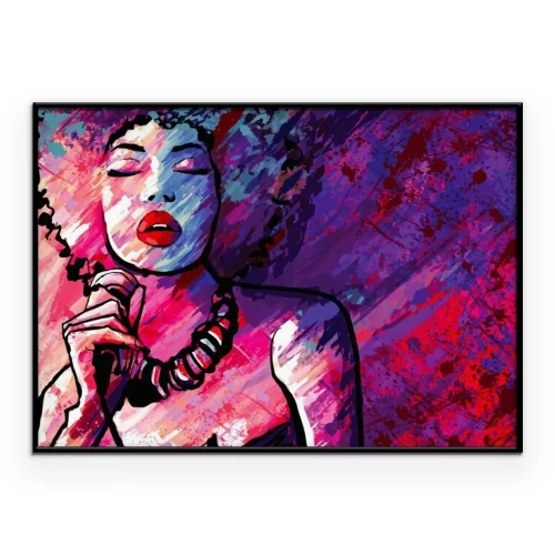 Poster Een jazz-zangeres met een microfoon tegen een geschilderde achtergrond