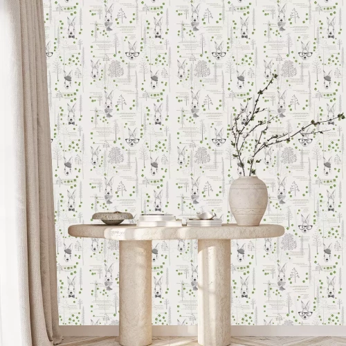 Behang Naadloos patroon met bomen, struiken, gebladerte, konijnen