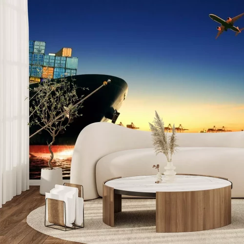 Fotobehang Containerschip in import, export haven tegen Beautiful Morning l