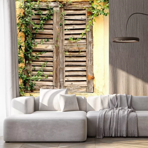 Fotobehang Houten luiken aan de muur van een oud huis met klimop
