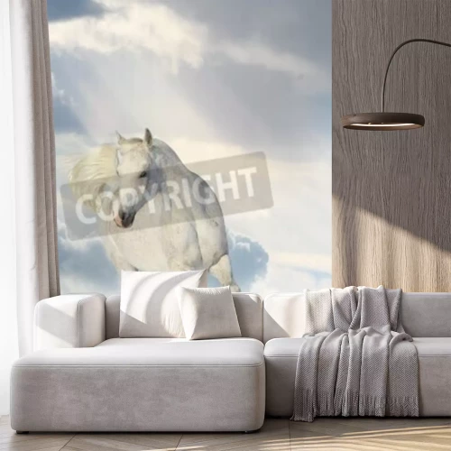 Fotobehang Paard op een achtergrond van wolken en sneeuw