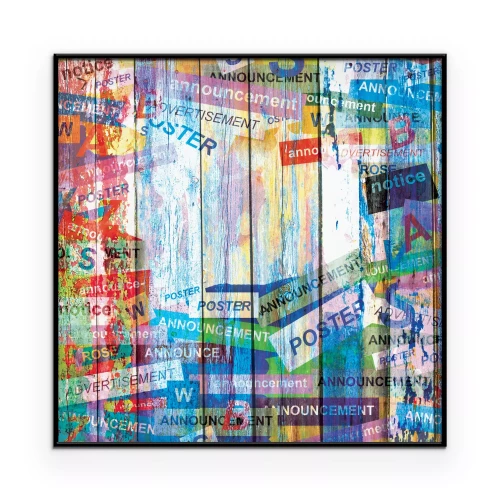 Poster Een patroon met planken bedekt met kleurrijke slogans.