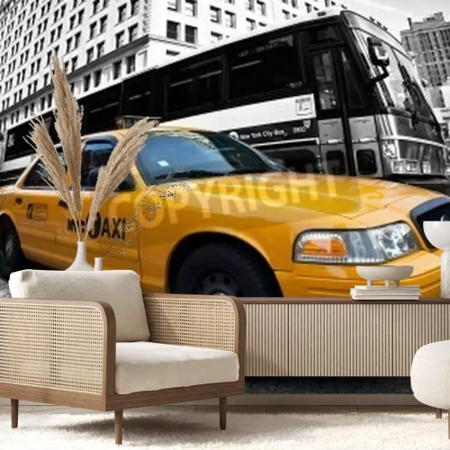 Fotobehang Gele taxi op zwart+AC0-witte achtergrond