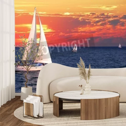 Fotobehang Zeilboot 's avonds kleurrijke hemel