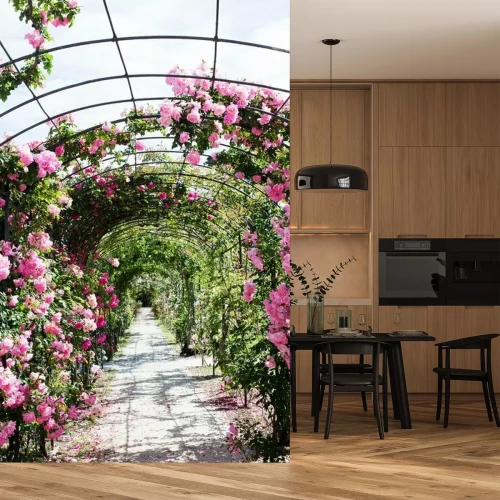 Fotobehang Pergola met roze rozen