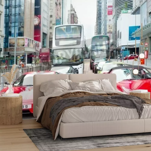 Fotobehang Hong Kong, Hong Kong S.A.R. - May 19, 2013: Modern Ferarri cars on Nathan Rd in Hong Kong. Nathan Road is a main thoroughfare through Kowloon and is line with shops and restaurants.
