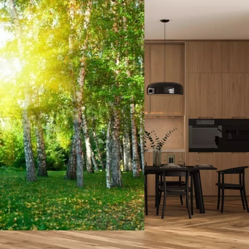 Fotobehang Herfstberken en bladeren op de grond