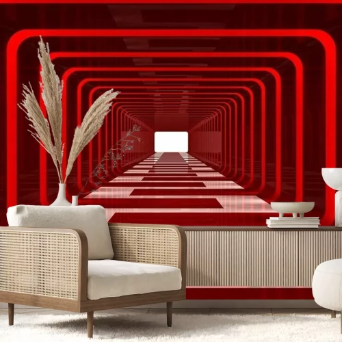 Fotobehang 3D tunnel met rood licht