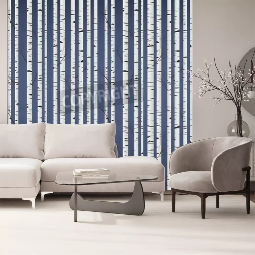 Fotobehang Grafische berken op een donkerblauwe achtergrond