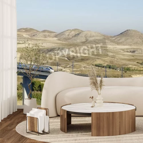 Fotobehang Razendsnelle trein op een hoog viaduct