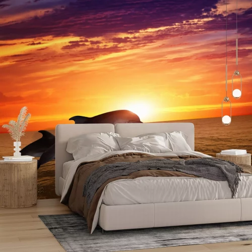 Fotobehang Zonsopgang met dolfijnen in de oceaan