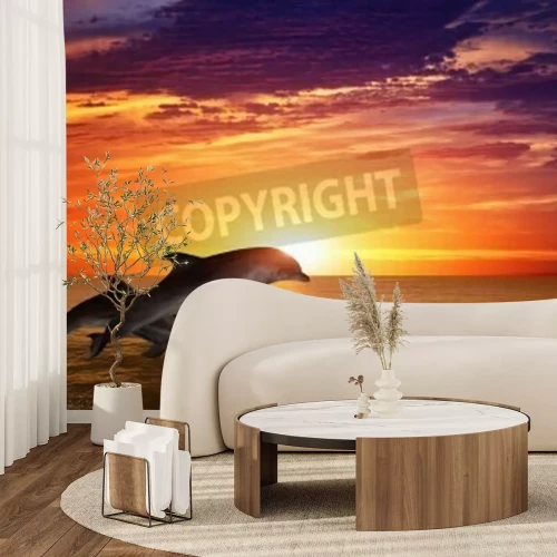 Fotobehang Zonsopgang met dolfijnen bij de oceaan