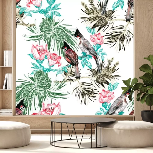 Sticker Naadloos patroon met de zomer kruiden en vogels. Aquarel