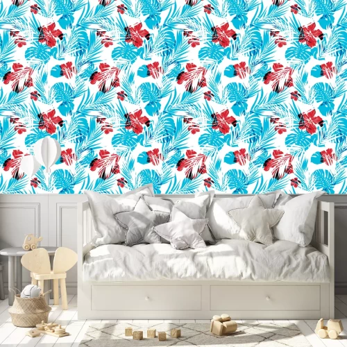 Behang Tropische bloemen en blauwe bladeren