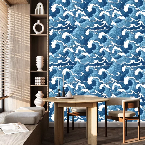 Behang Abstracte blauwe en witte golven