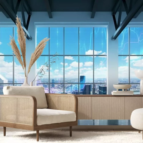 Fotobehang Contemporary office with New York view. Financial charts are drawn over the windows.