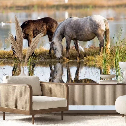 Fotobehang Paarden weerspiegelen in het oppervlak van het meer