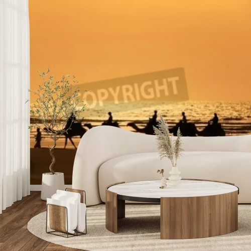 Fotobehang Woestijnzee en kamelen