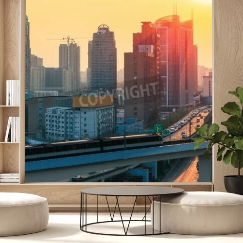 Fotobehang Razendsnelle trein boven de straten