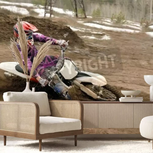 Fotobehang Motorcrosser inclinatie van de fiets blijkt point-blank zand