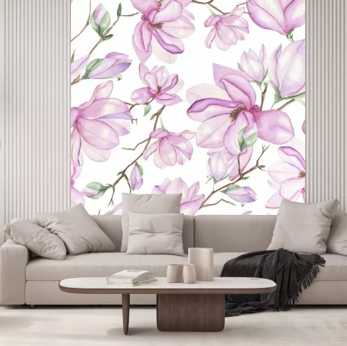 Fotobehang Paarse magnolia's in aquarel