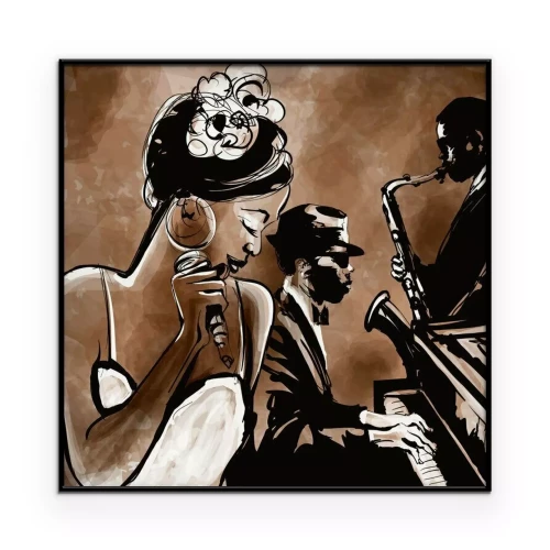 Poster Tekening van een jazzzangeres met muzikanten.
