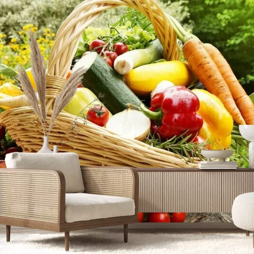 Fotobehang Mand met groenten in de tuin