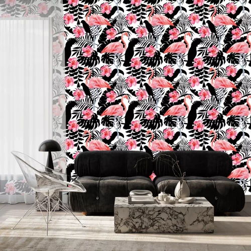 Behang Vogels op de takken van tropische bladeren