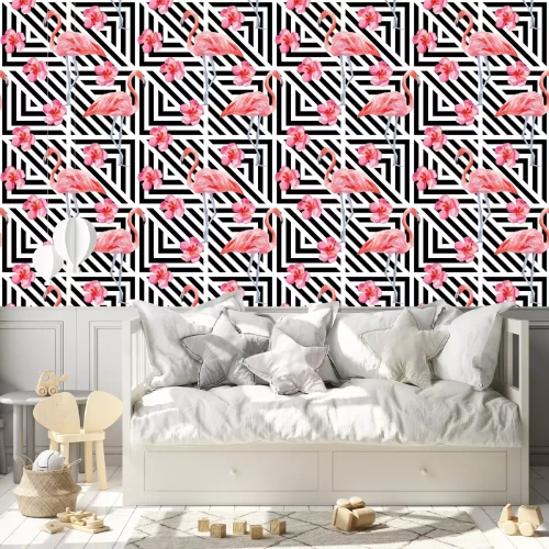 Behang Vogels en bloemen op de achtergrond van geometrie