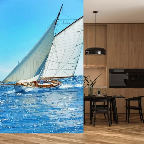 Fotobehang Een zeilboot die op het water manoeuvreert.