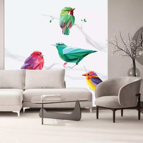 Sticker lage veelhoek stijl kleurrijke vogels op boomtakken set collectie