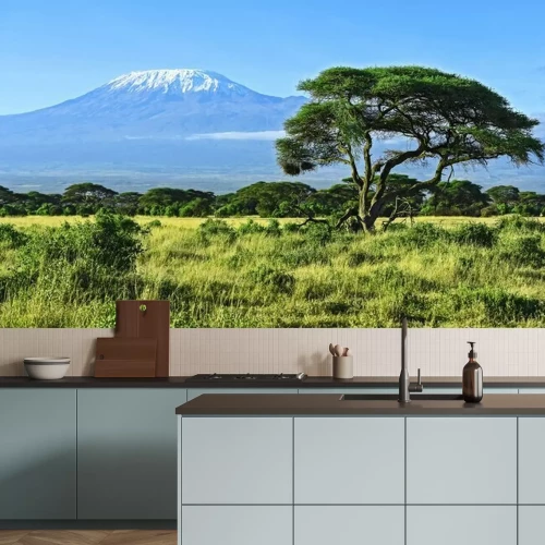 Fotobehang Groen landschap met de Kilimanjaro op de achtergrond.