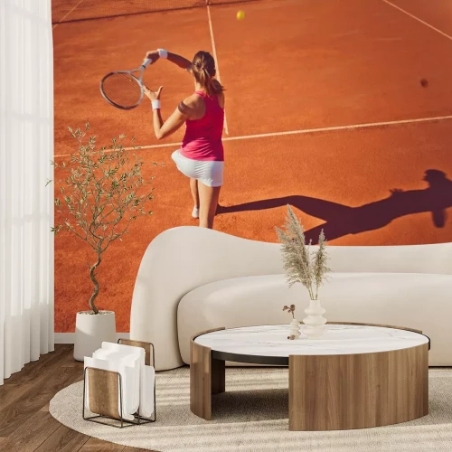 Sticker Jonge vrouw spelen tennis.High hoek view.Forehand.