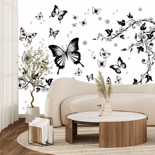 Fotobehang Zwart-witte bloemen en vlinders