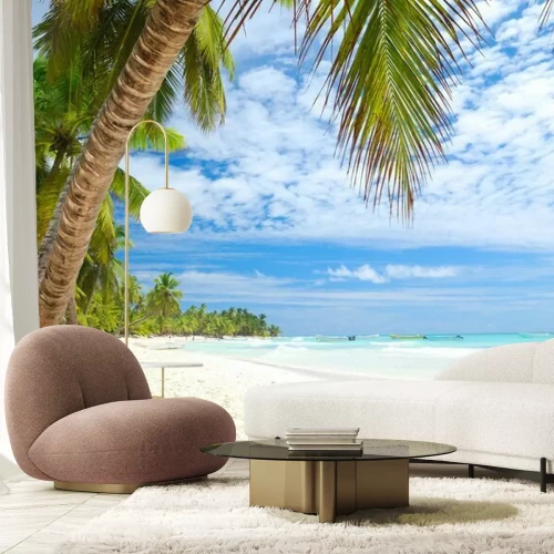 Fotobehang Caraïbische zee en groene palmbomen