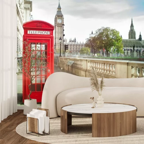 Fotobehang Big Ben en een rode telefooncel op de voorgrond