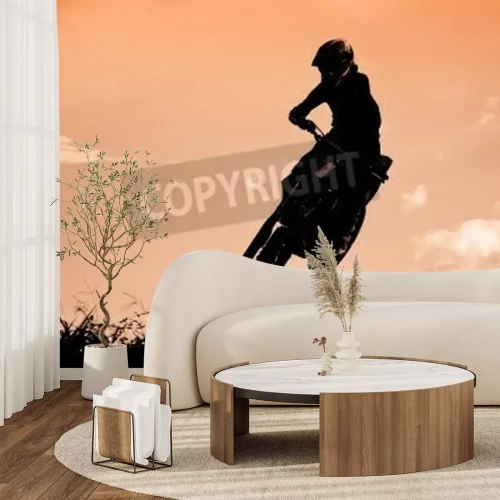 Fotobehang Status van silhouate motorcross springen over het oranje licht van de zonsondergang achtergrond.