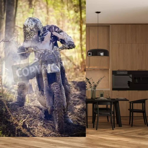 Fotobehang Motorcross bestuurder met een uitsplitsing motor op nat en modderig terrein in Parola, Finland