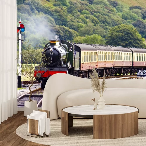 Fotobehang Stoomtrein in een berglandschap