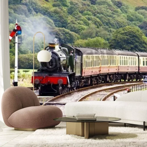 Fotobehang Stoomtrein in een berglandschap