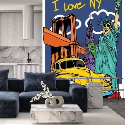 Fotobehang Gekleurde postzegel met taxi