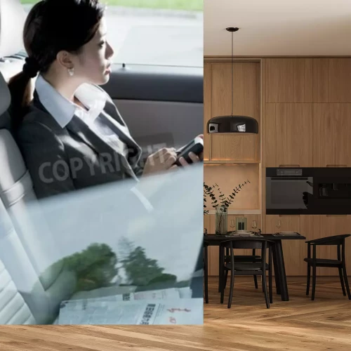 Fotobehang Jonge vrouw in een taxi