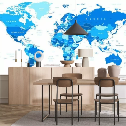 Fotobehang Gedetailleerde wereldkaart in blauwtinten