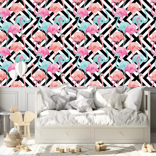 Behang Kleurrijke flamingo's op een geometrische achtergrond