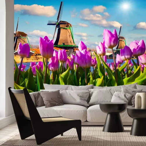 Sticker Roze tulpen op de achtergrond van windmolens