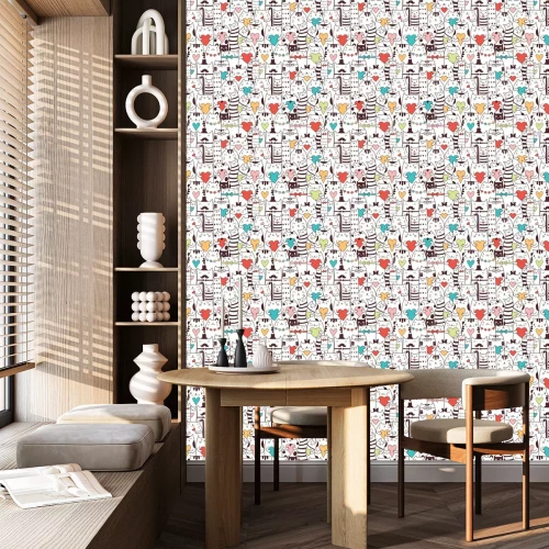 Behang Zwart-witte dieren met gekleurde hartjes